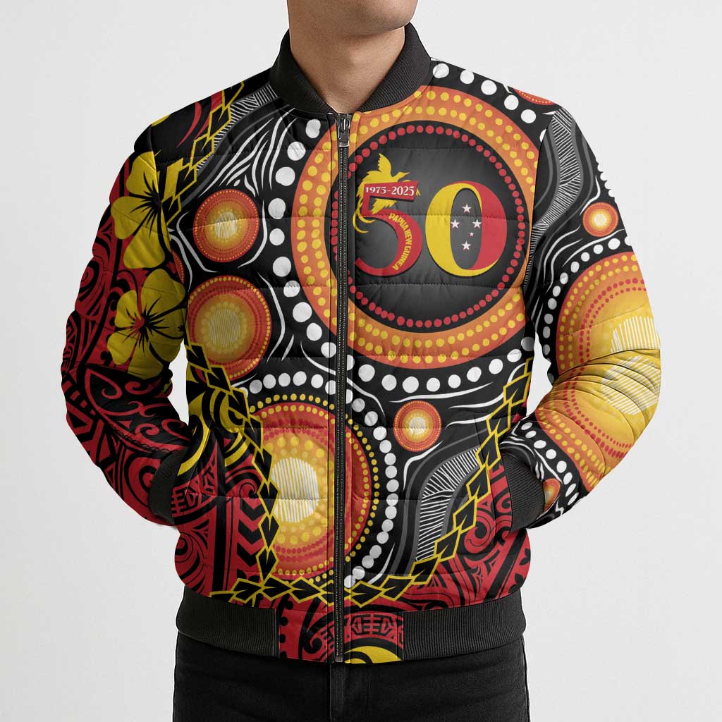 Celebrating 50 Years Papua New Guinea Bomber Puffer Jacket Aboriginal Mix Papuan Pattern - Polynesian Pride