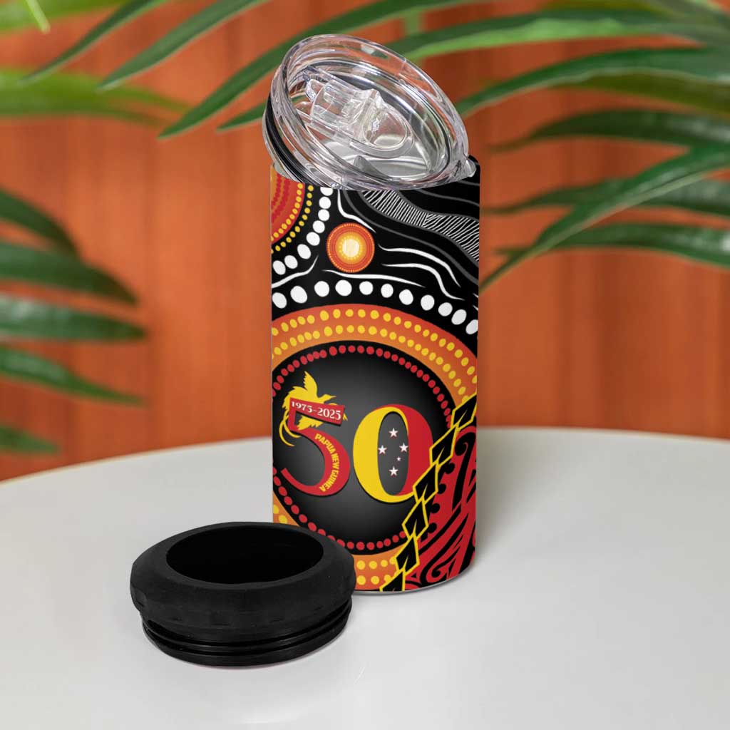 Celebrating 50 Years Papua New Guinea 4 in 1 Can Cooler Tumbler Aboriginal Mix Papuan Pattern - Polynesian Pride