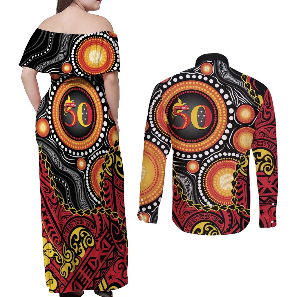 Celebrating 50 Years Papua New Guinea Couples Matching Off Shoulder Maxi Dress and Long Sleeve Button Shirt Aboriginal Mix Papuan Pattern LT14 - Polynesian Pride