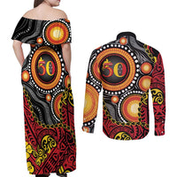 Celebrating 50 Years Papua New Guinea Couples Matching Off Shoulder Maxi Dress and Long Sleeve Button Shirt Aboriginal Mix Papuan Pattern LT14 - Polynesian Pride