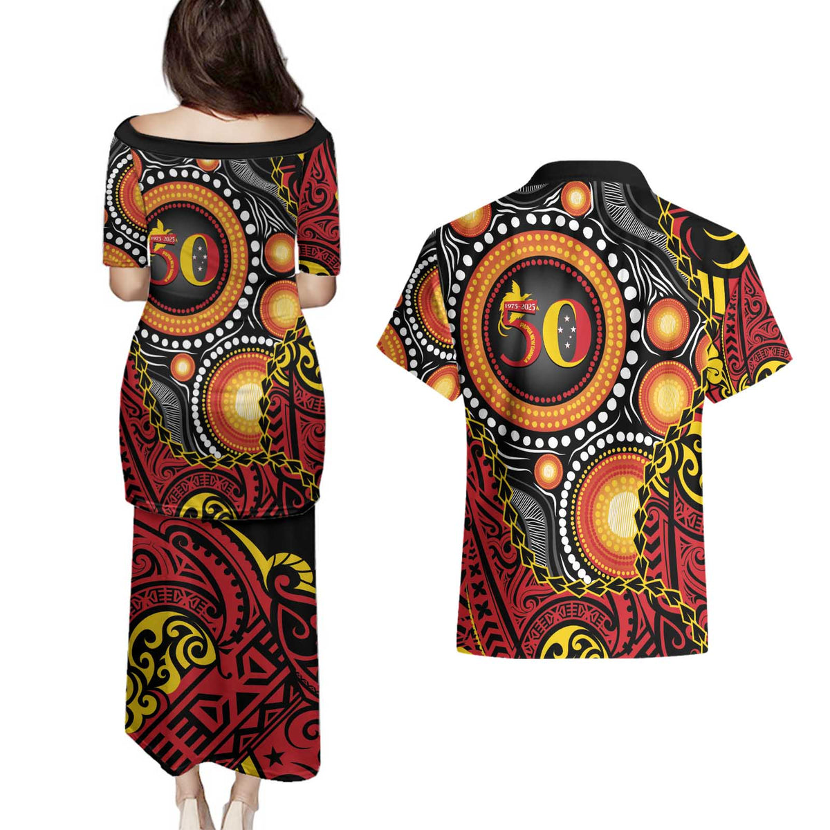 Celebrating 50 Years Papua New Guinea Couples Matching Puletasi and Hawaiian Shirt Aboriginal Mix Papuan Pattern LT14 - Polynesian Pride