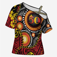 Celebrating 50 Years Papua New Guinea Cross Shoulder Shirt Aboriginal Mix Papuan Pattern - Polynesian Pride
