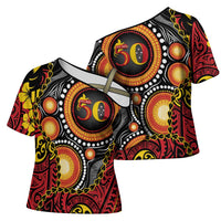 Celebrating 50 Years Papua New Guinea Cross Shoulder Shirt Aboriginal Mix Papuan Pattern - Polynesian Pride
