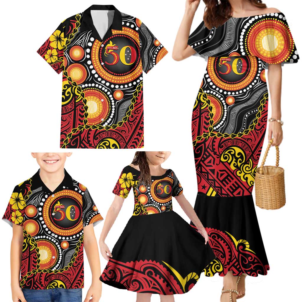 Celebrating 50 Years Papua New Guinea Family Matching Mermaid Dress and Hawaiian Shirt Aboriginal Mix Papuan Pattern - Polynesian Pride