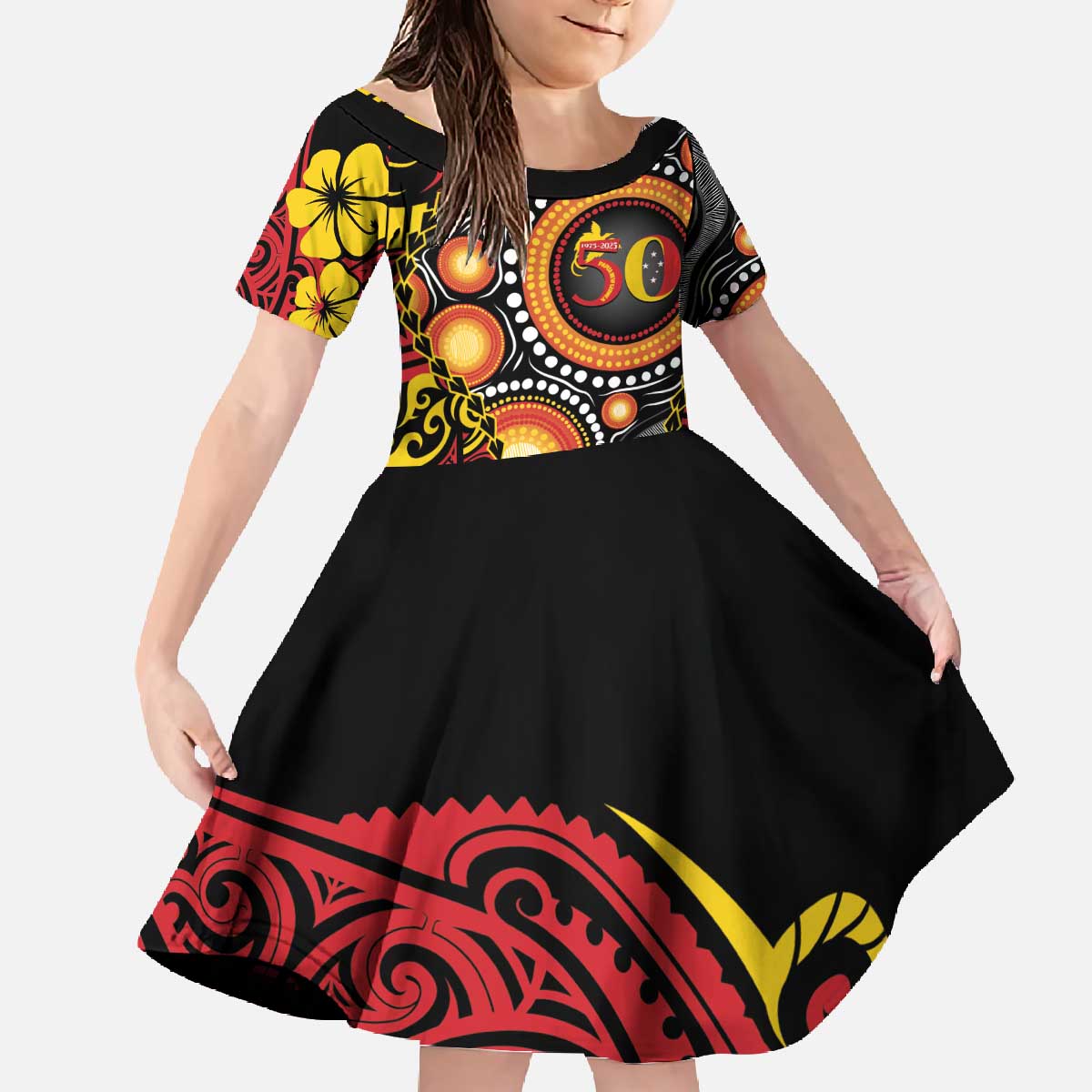 Celebrating 50 Years Papua New Guinea Family Matching Off The Shoulder Long Sleeve Dress and Hawaiian Shirt Aboriginal Mix Papuan Pattern - Polynesian Pride