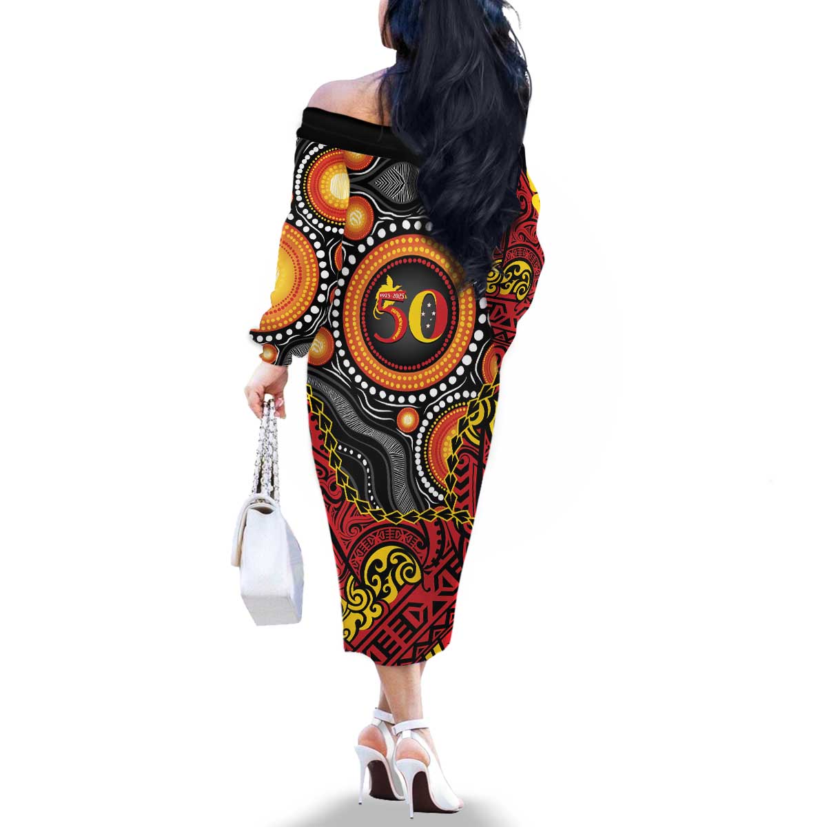 Celebrating 50 Years Papua New Guinea Family Matching Off The Shoulder Long Sleeve Dress and Hawaiian Shirt Aboriginal Mix Papuan Pattern - Polynesian Pride
