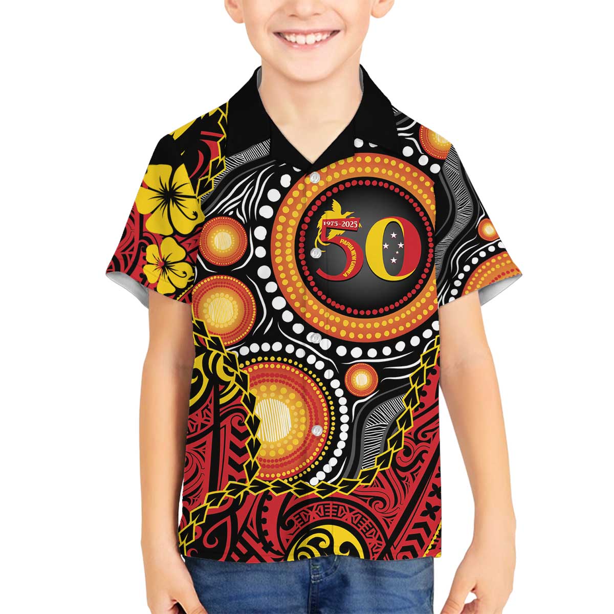 Celebrating 50 Years Papua New Guinea Family Matching Off The Shoulder Long Sleeve Dress and Hawaiian Shirt Aboriginal Mix Papuan Pattern - Polynesian Pride