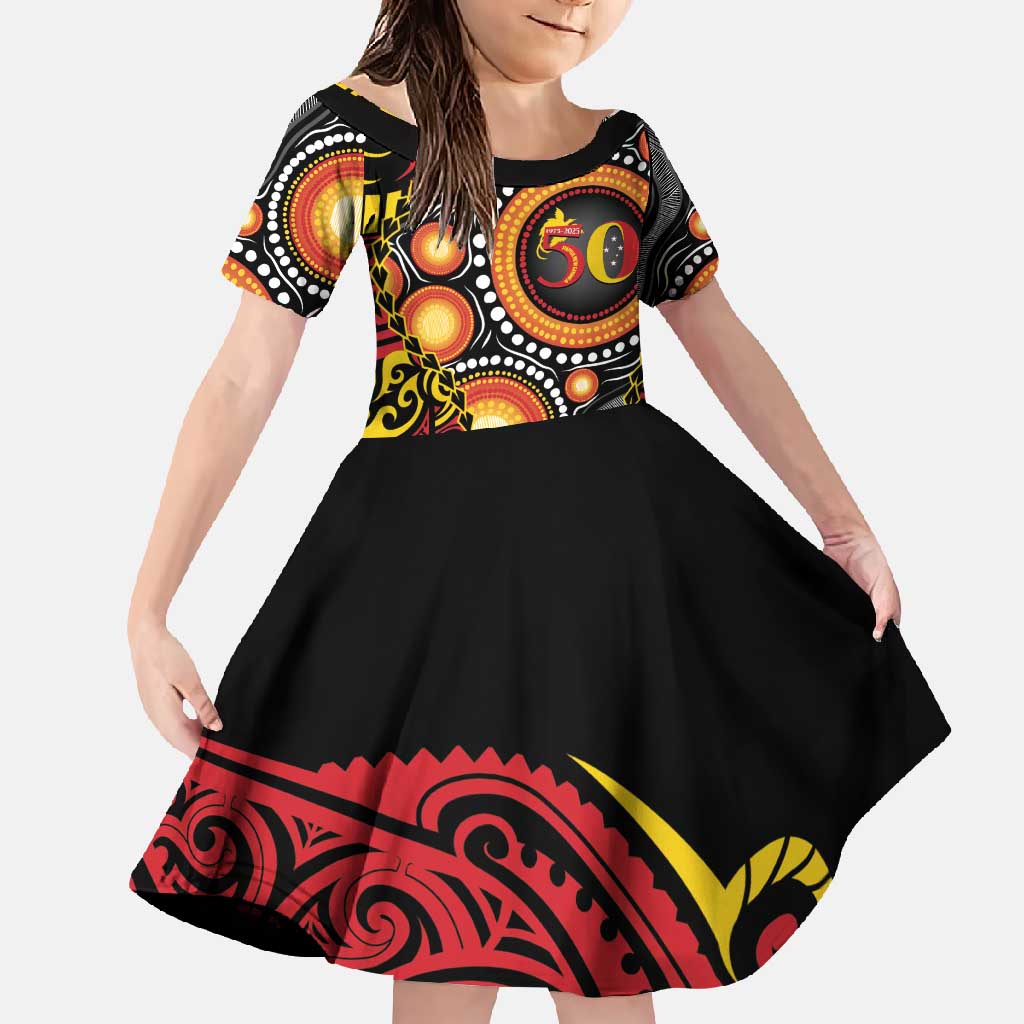 Celebrating 50 Years Papua New Guinea Family Matching Off Shoulder Maxi Dress and Hawaiian Shirt Aboriginal Mix Papuan Pattern - Polynesian Pride