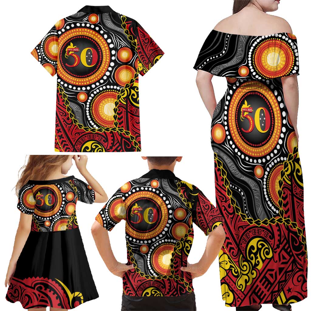 Celebrating 50 Years Papua New Guinea Family Matching Off Shoulder Maxi Dress and Hawaiian Shirt Aboriginal Mix Papuan Pattern - Polynesian Pride
