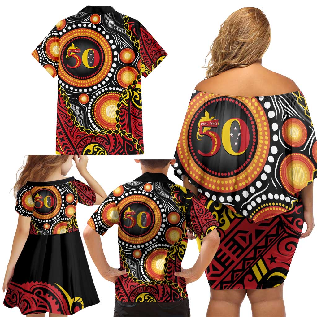 Celebrating 50 Years Papua New Guinea Family Matching Off Shoulder Short Dress and Hawaiian Shirt Aboriginal Mix Papuan Pattern - Polynesian Pride