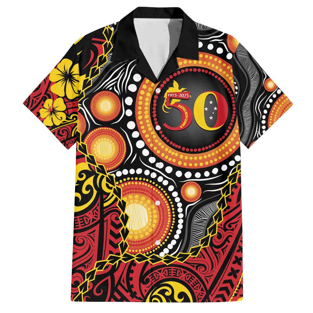 Celebrating 50 Years Papua New Guinea Family Matching Puletasi and Hawaiian Shirt Aboriginal Mix Papuan Pattern LT14 Dad's Shirt - Short Sleeve Red - Polynesian Pride