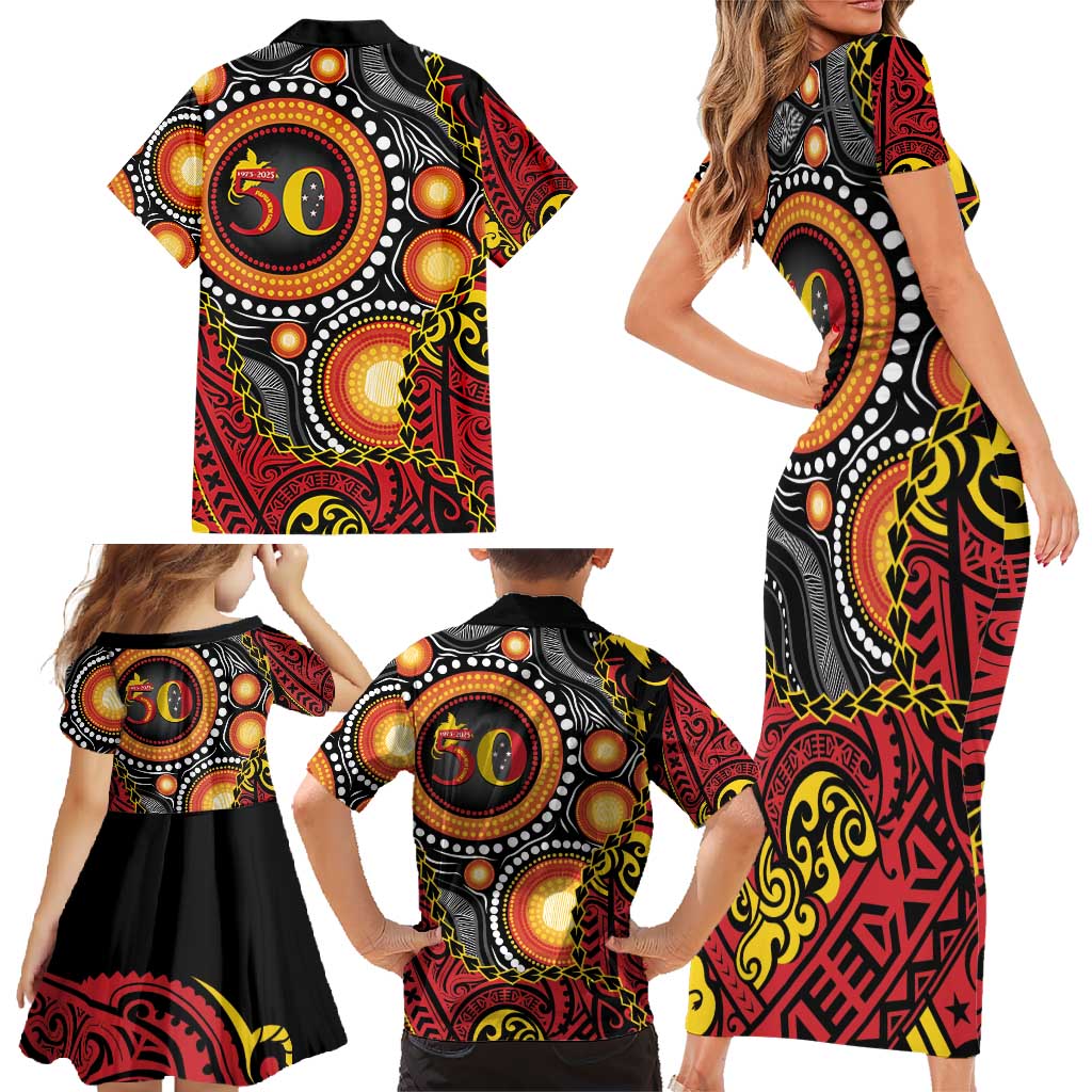 Celebrating 50 Years Papua New Guinea Family Matching Short Sleeve Bodycon Dress and Hawaiian Shirt Aboriginal Mix Papuan Pattern - Polynesian Pride