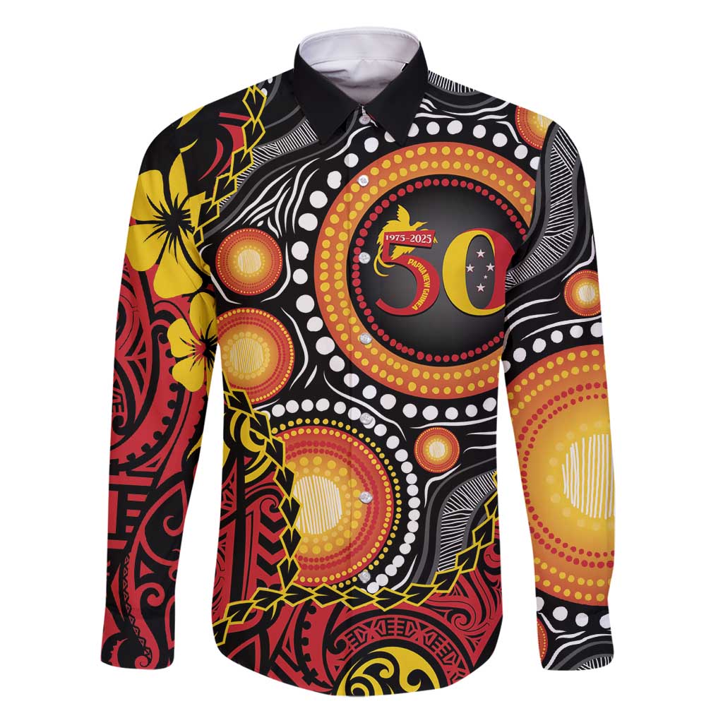 Celebrating 50 Years Papua New Guinea Family Matching Summer Maxi Dress and Hawaiian Shirt Aboriginal Mix Papuan Pattern LT14 Dad's Shirt - Long Sleeve Red - Polynesian Pride