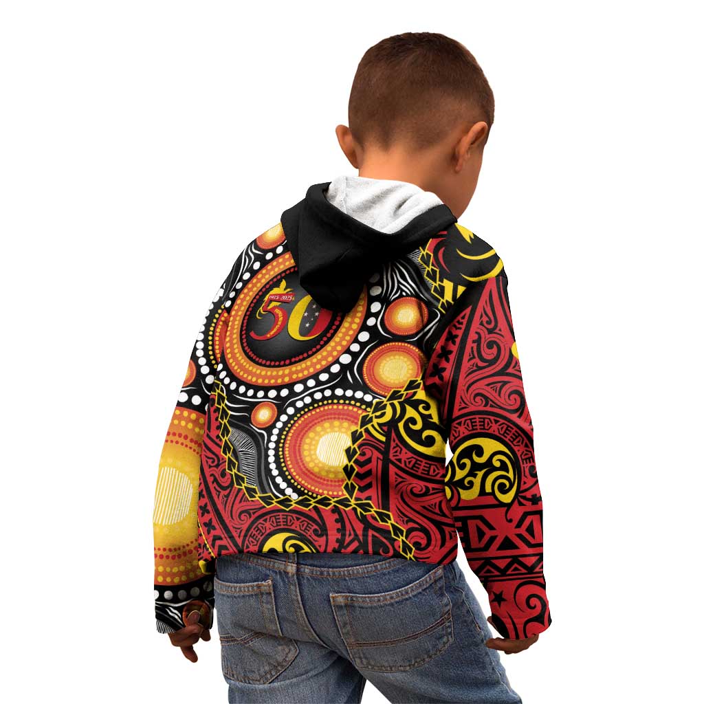 Celebrating 50 Years Papua New Guinea Kid Hoodie Aboriginal Mix Papuan Pattern - Polynesian Pride