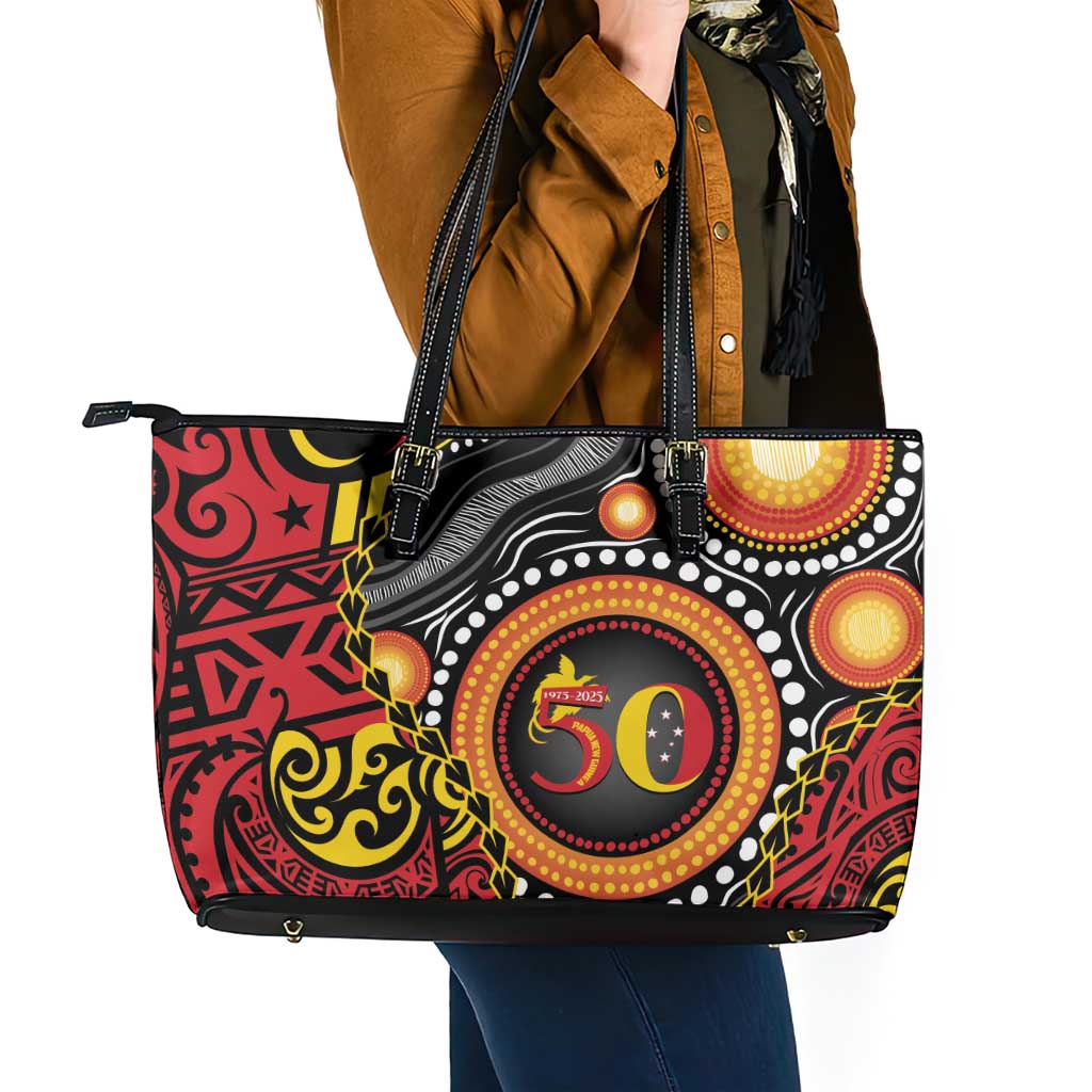 Celebrating 50 Years Papua New Guinea Leather Tote Bag Aboriginal Mix Papuan Pattern LT14 - Polynesian Pride
