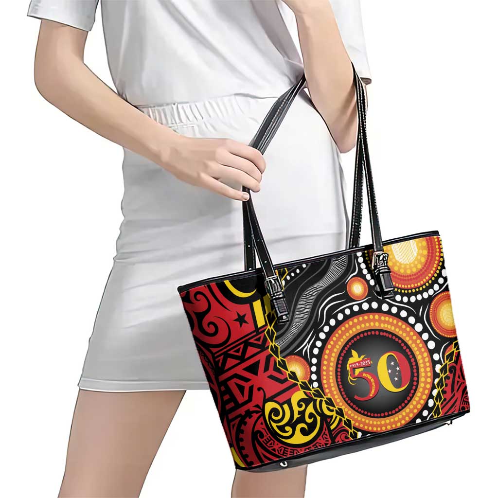 Celebrating 50 Years Papua New Guinea Leather Tote Bag Aboriginal Mix Papuan Pattern LT14 - Polynesian Pride