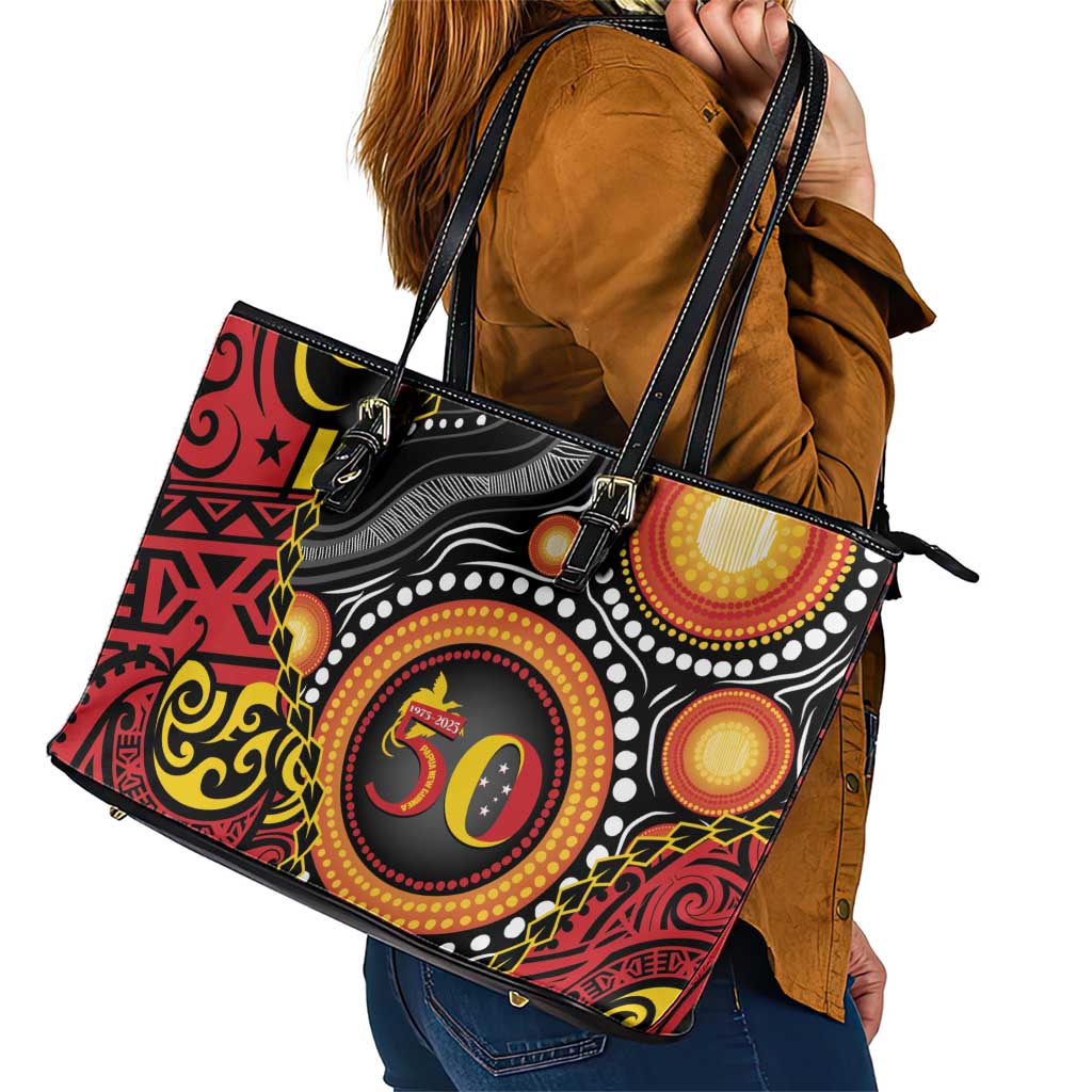 Celebrating 50 Years Papua New Guinea Leather Tote Bag Aboriginal Mix Papuan Pattern LT14 - Polynesian Pride