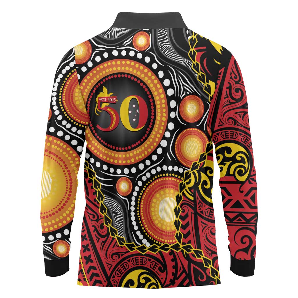 Celebrating 50 Years Papua New Guinea Long Sleeve Polo Shirt Aboriginal Mix Papuan Pattern LT14 - Polynesian Pride