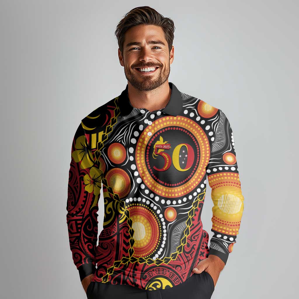 Celebrating 50 Years Papua New Guinea Long Sleeve Polo Shirt Aboriginal Mix Papuan Pattern LT14 - Polynesian Pride