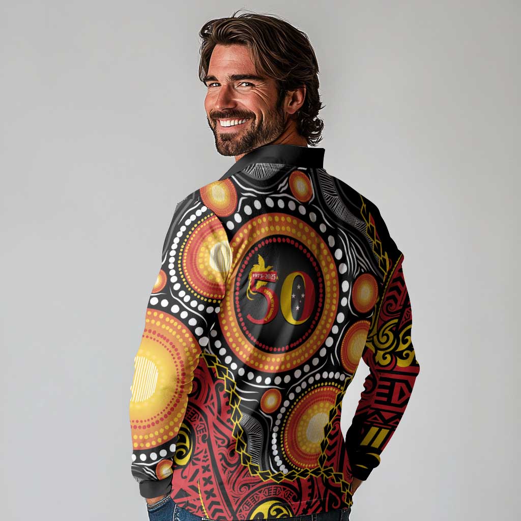Celebrating 50 Years Papua New Guinea Long Sleeve Polo Shirt Aboriginal Mix Papuan Pattern LT14 - Polynesian Pride