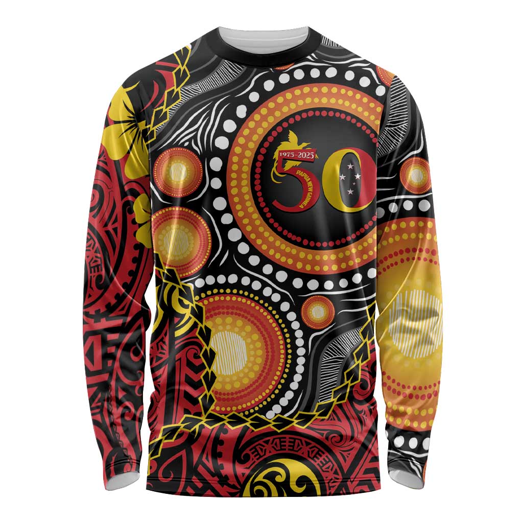 Celebrating 50 Years Papua New Guinea Long Sleeve Shirt Aboriginal Mix Papuan Pattern - Polynesian Pride