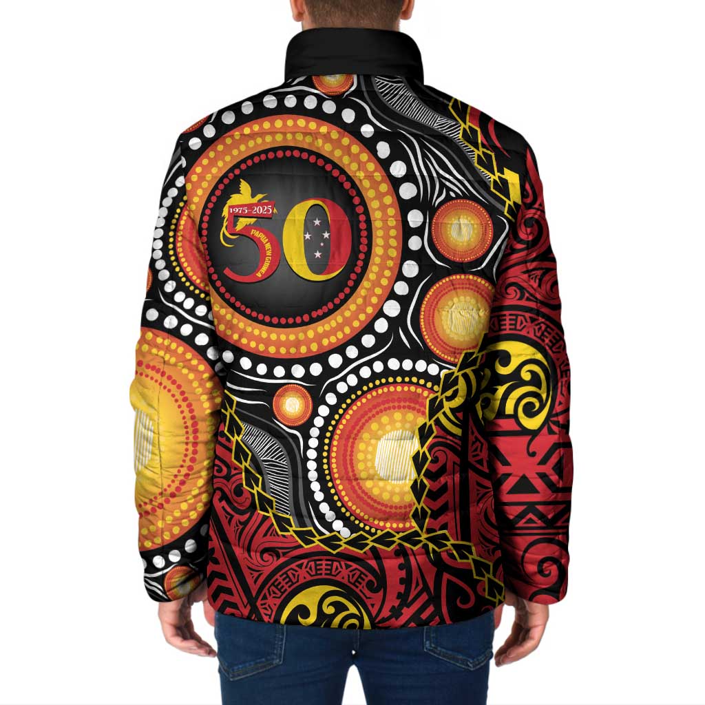 Celebrating 50 Years Papua New Guinea Padded Jacket Aboriginal Mix Papuan Pattern - Polynesian Pride