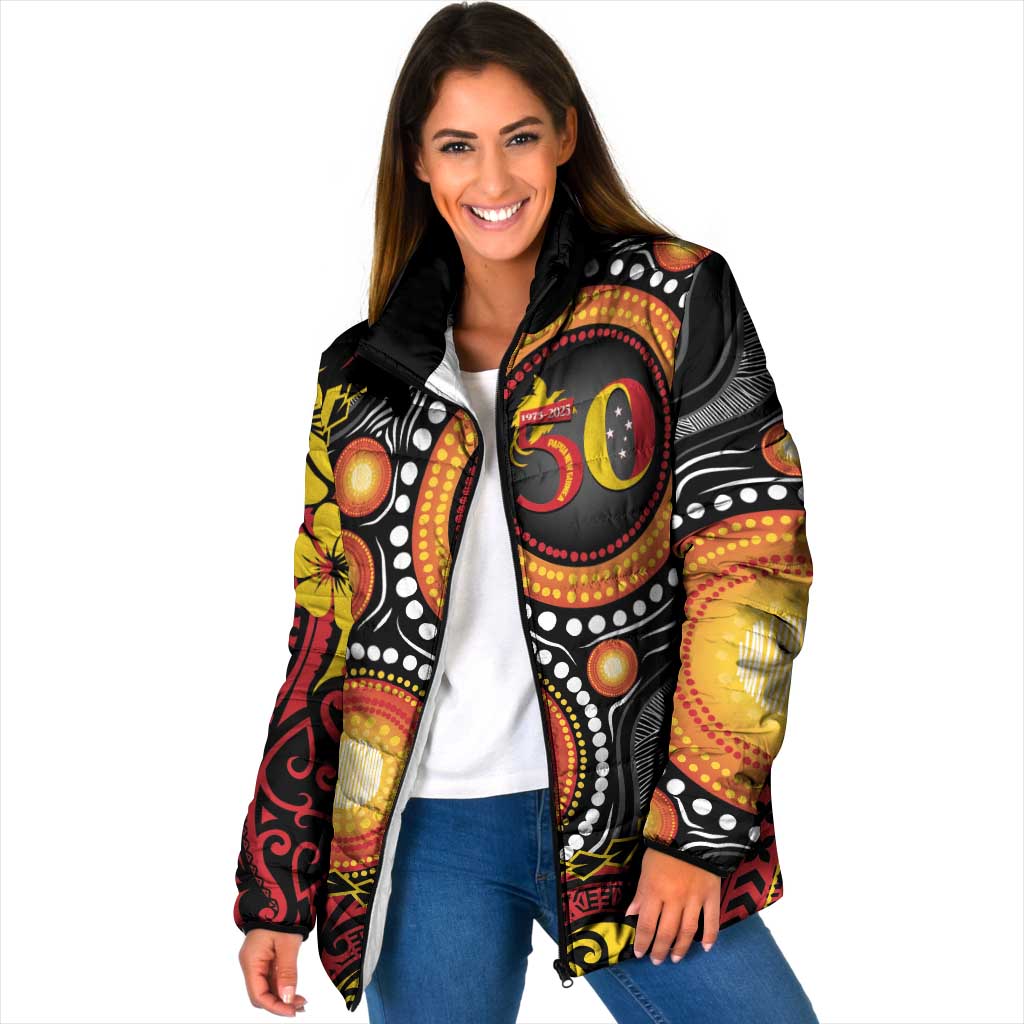 Celebrating 50 Years Papua New Guinea Padded Jacket Aboriginal Mix Papuan Pattern - Polynesian Pride