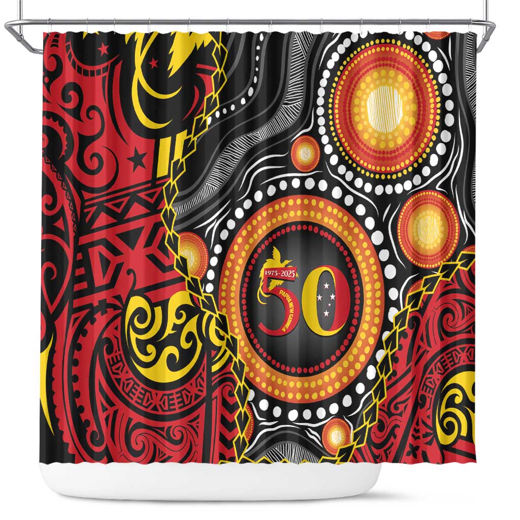 Celebrating 50 Years Papua New Guinea Shower Curtain Aboriginal Mix Papuan Pattern - Polynesian Pride