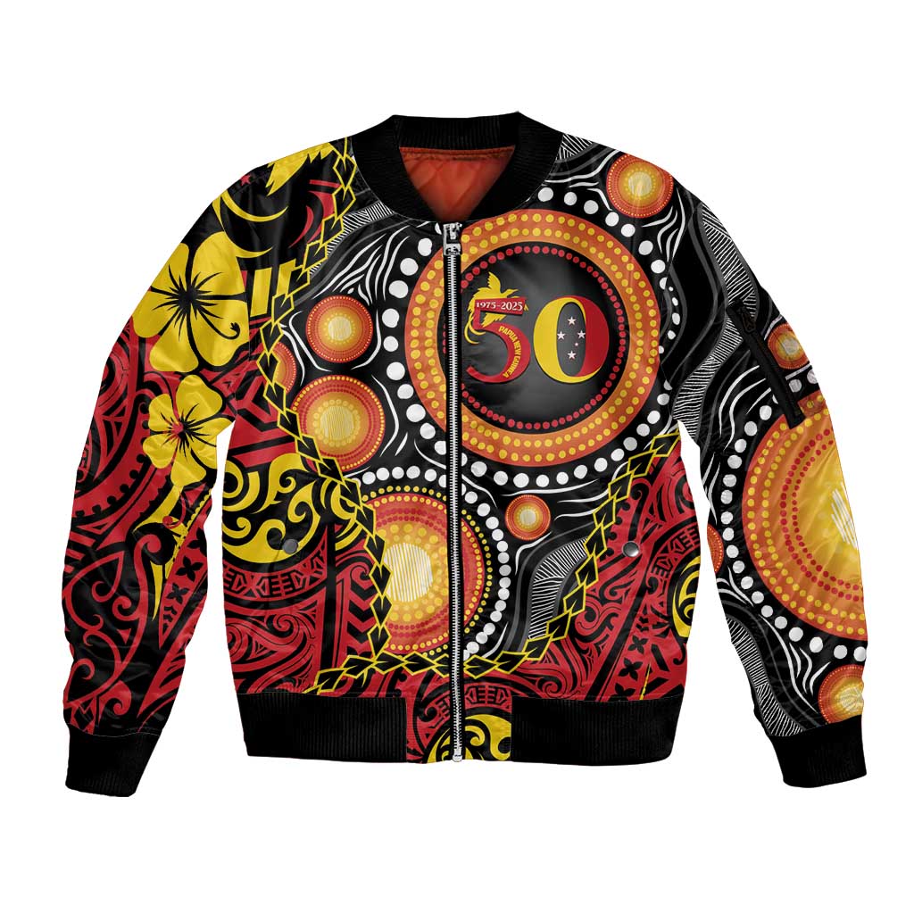 Celebrating 50 Years Papua New Guinea Sleeve Zip Bomber Jacket Aboriginal Mix Papuan Pattern LT14 Unisex Red - Polynesian Pride