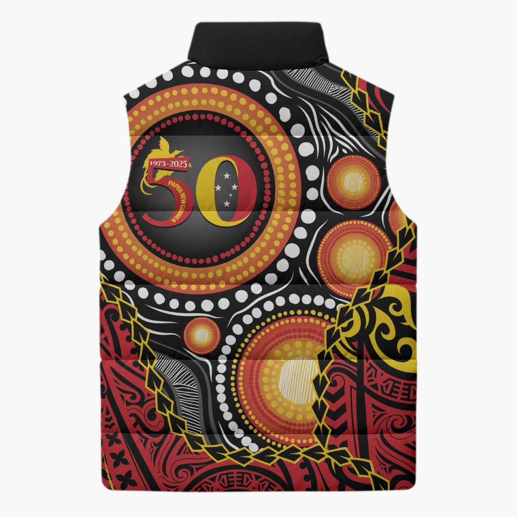 Celebrating 50 Years Papua New Guinea Sleeveless Puffer Jacket Aboriginal Mix Papuan Pattern - Polynesian Pride