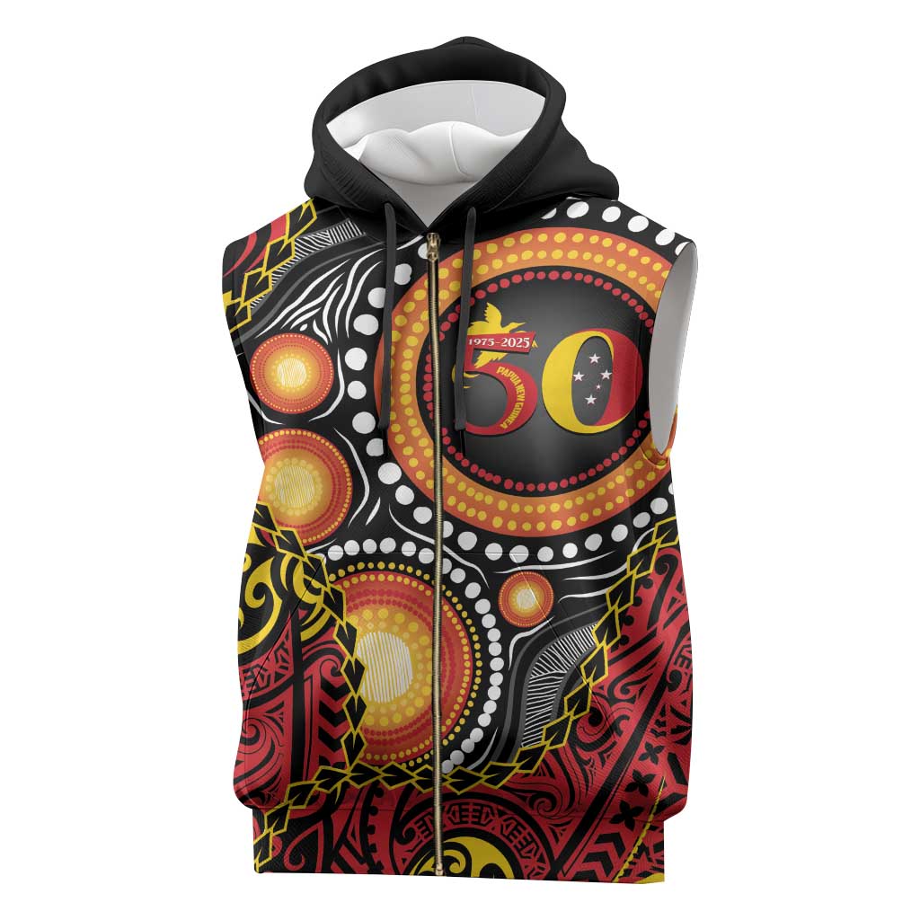 Celebrating 50 Years Papua New Guinea Sleeveless Zip Hoodie Aboriginal Mix Papuan Pattern - Polynesian Pride