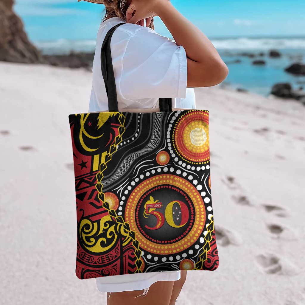 Celebrating 50 Years Papua New Guinea Tote Bag Aboriginal Mix Papuan Pattern - Polynesian Pride