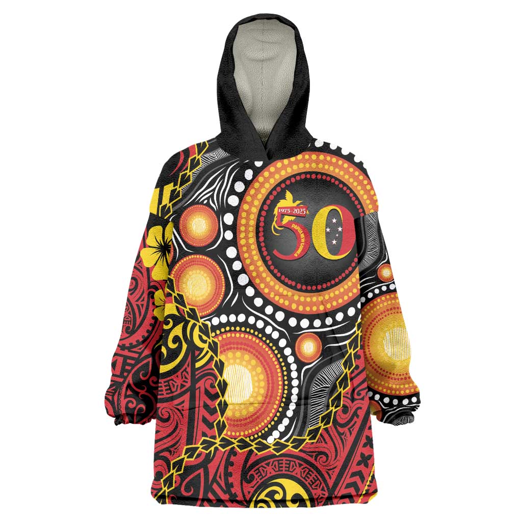 Celebrating 50 Years Papua New Guinea Wearable Blanket Hoodie Aboriginal Mix Papuan Pattern LT14 One Size Red - Polynesian Pride