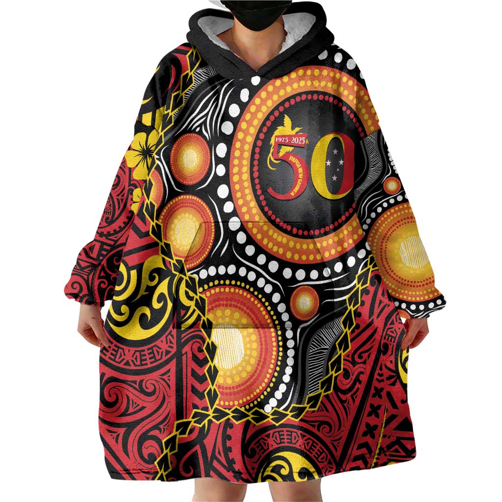 Celebrating 50 Years Papua New Guinea Wearable Blanket Hoodie Aboriginal Mix Papuan Pattern LT14 - Polynesian Pride