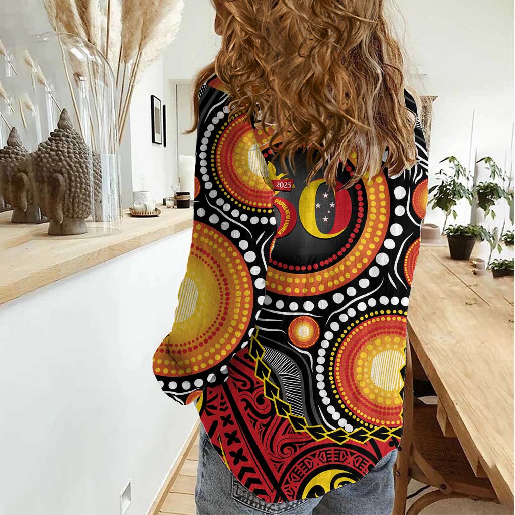 Celebrating 50 Years Papua New Guinea Women Casual Shirt Aboriginal Mix Papuan Pattern - Polynesian Pride