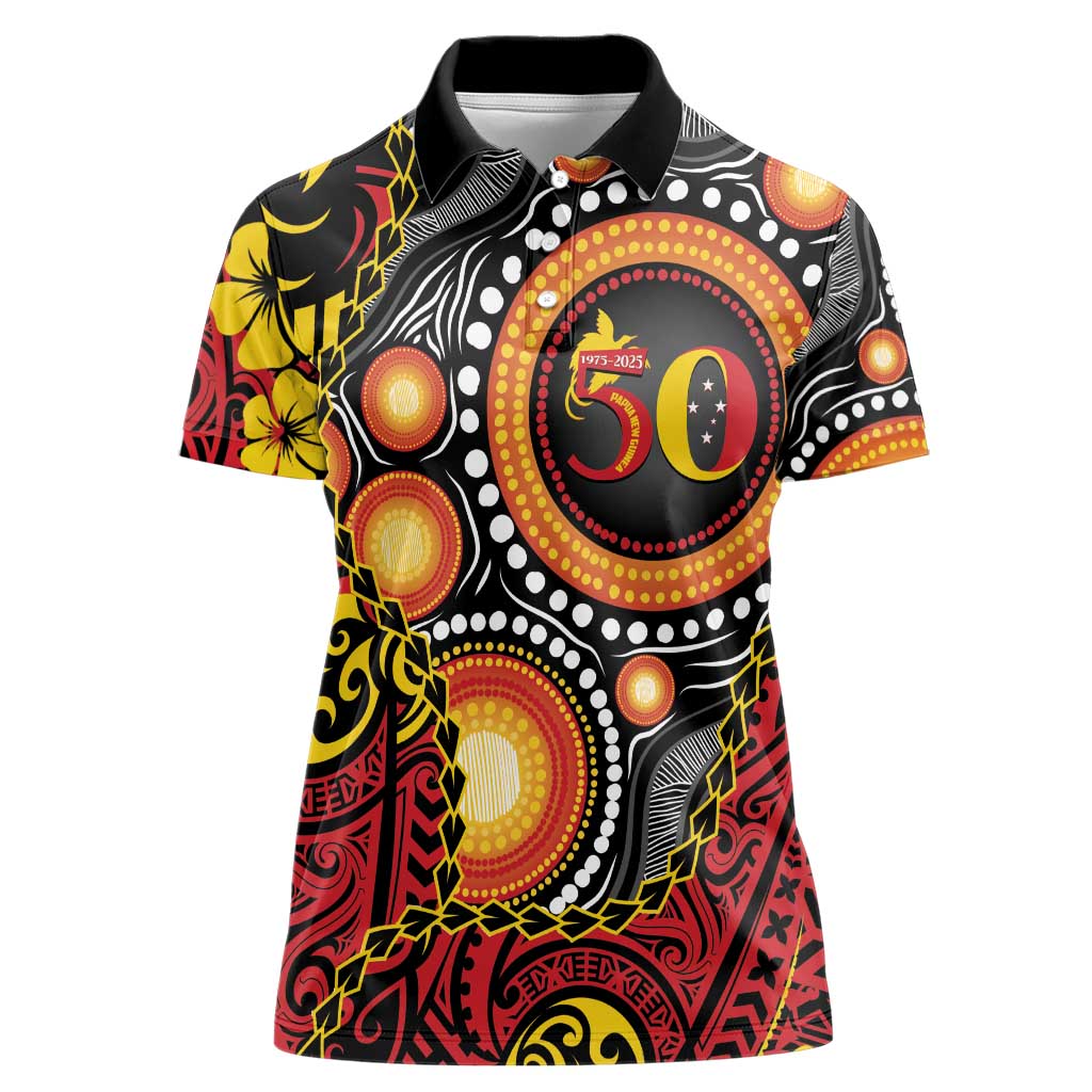 Celebrating 50 Years Papua New Guinea Women Polo Shirt Aboriginal Mix Papuan Pattern LT14 Female Red - Polynesian Pride