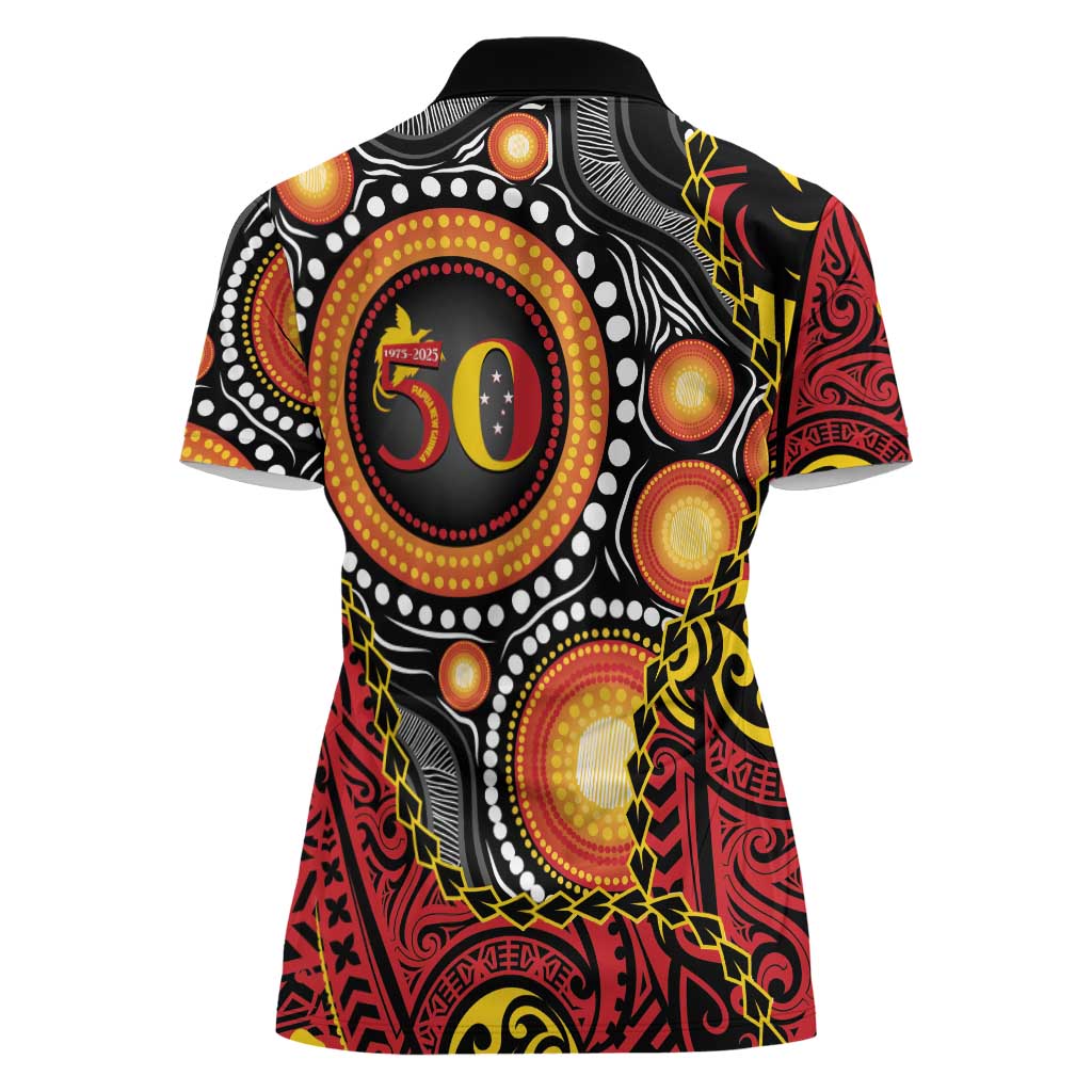 Celebrating 50 Years Papua New Guinea Women Polo Shirt Aboriginal Mix Papuan Pattern LT14 - Polynesian Pride