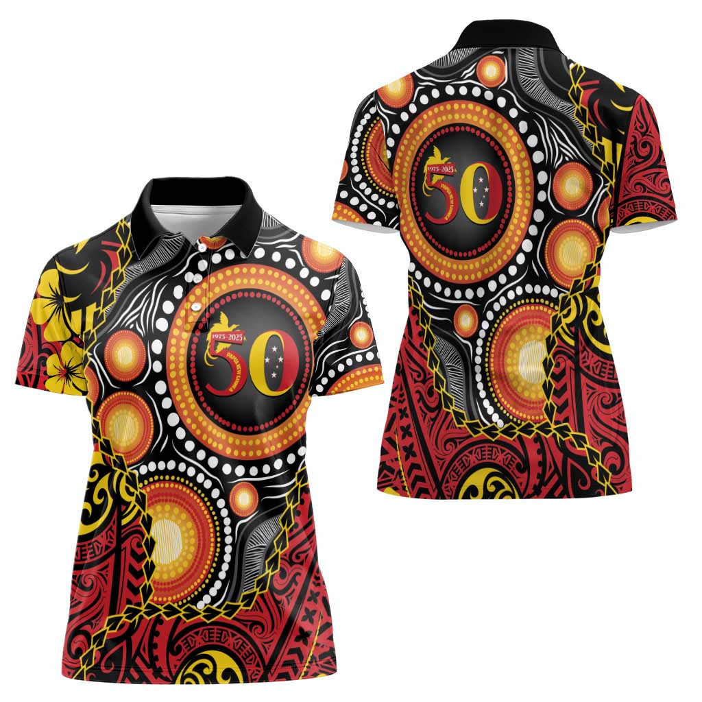 Celebrating 50 Years Papua New Guinea Women Polo Shirt Aboriginal Mix Papuan Pattern LT14 - Polynesian Pride