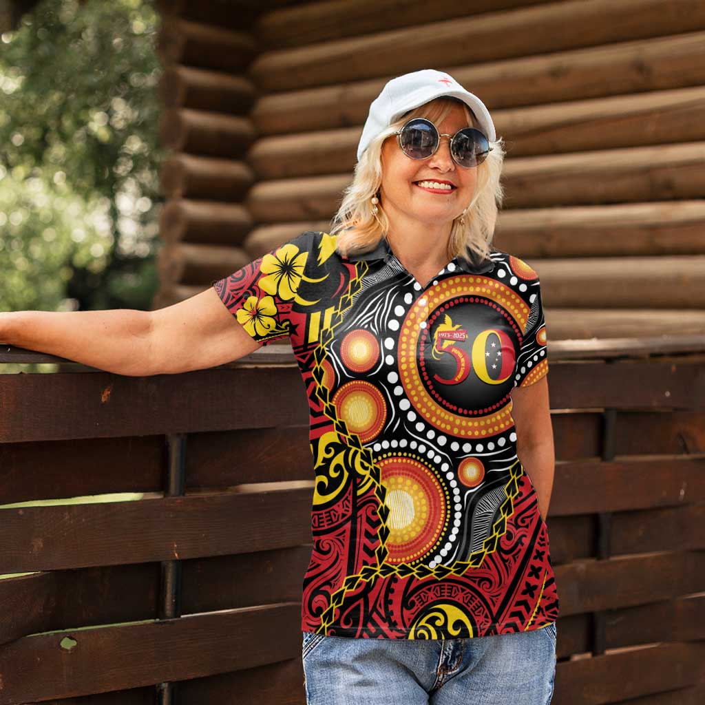 Celebrating 50 Years Papua New Guinea Women Polo Shirt Aboriginal Mix Papuan Pattern LT14 - Polynesian Pride