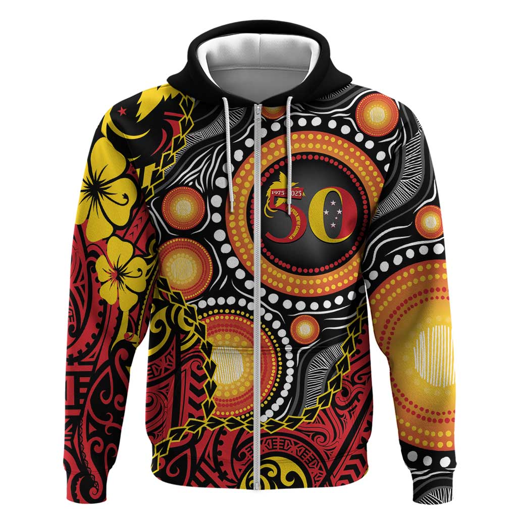 Celebrating 50 Years Papua New Guinea Zip Hoodie Aboriginal Mix Papuan Pattern LT14 Zip Hoodie Red - Polynesian Pride