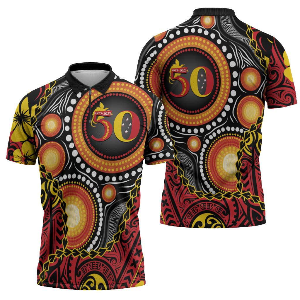 Celebrating 50 Years Papua New Guinea Zipper Polo Shirt Aboriginal Mix Papuan Pattern - Polynesian Pride