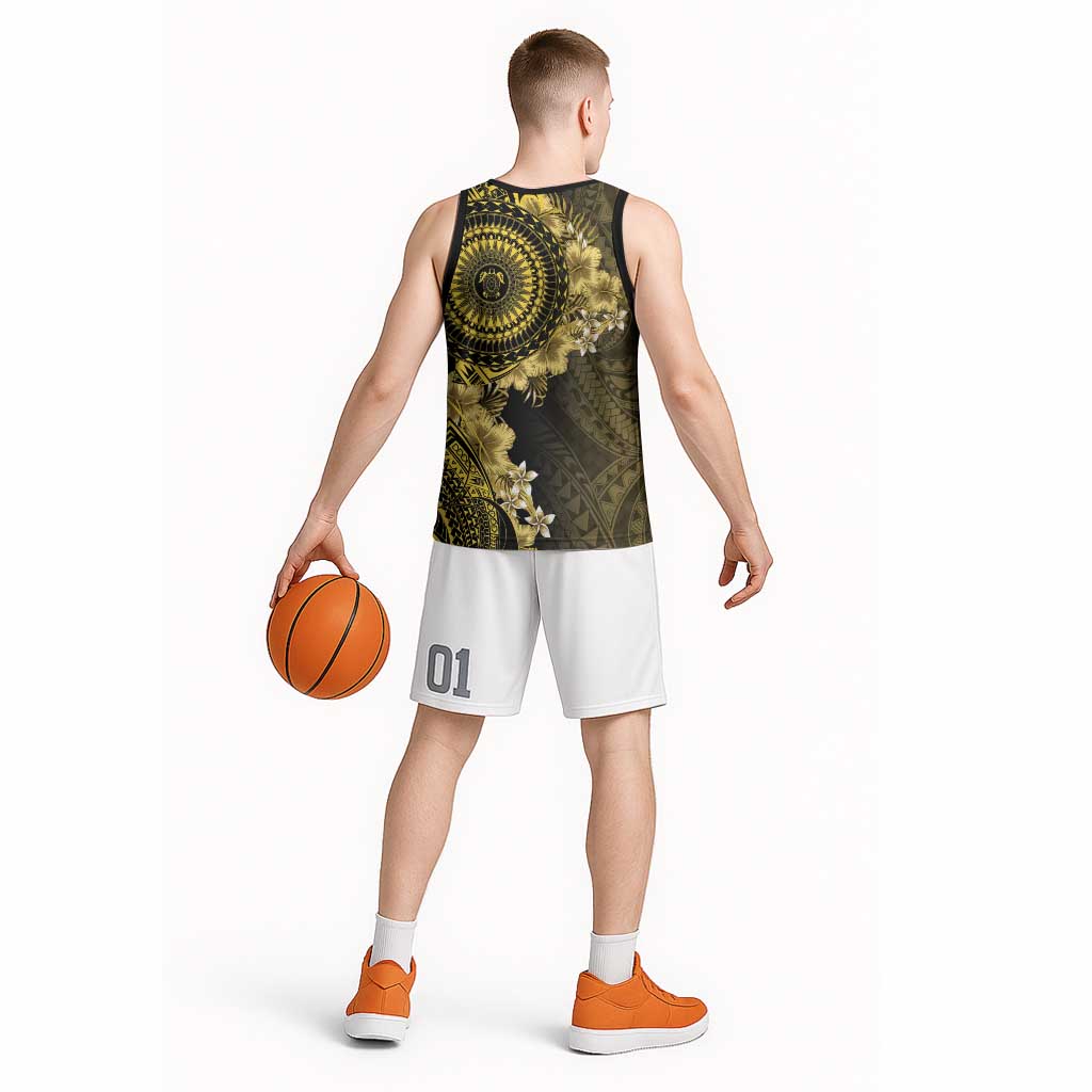 Vanuatu Basketball Jersey Hibisus Polynesian Pattern Gold LT14 - Polynesian Pride