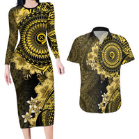 Vanuatu Couples Matching Long Sleeve Bodycon Dress and Hawaiian Shirt Hibisus Polynesian Pattern Gold - Polynesian Pride