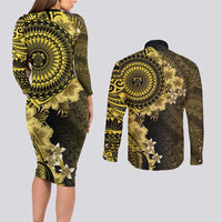 Vanuatu Couples Matching Long Sleeve Bodycon Dress and Long Sleeve Button Shirt Hibisus Polynesian Pattern Gold - Polynesian Pride