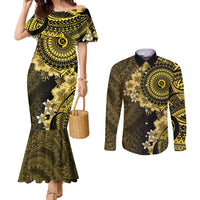 Vanuatu Couples Matching Mermaid Dress and Long Sleeve Button Shirt Hibisus Polynesian Pattern Gold - Polynesian Pride