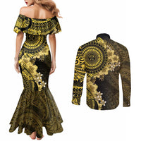 Vanuatu Couples Matching Mermaid Dress and Long Sleeve Button Shirt Hibisus Polynesian Pattern Gold - Polynesian Pride