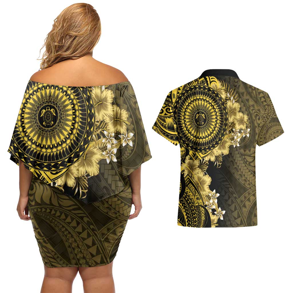 Vanuatu Couples Matching Off Shoulder Short Dress and Hawaiian Shirt Hibisus Polynesian Pattern Gold - Polynesian Pride