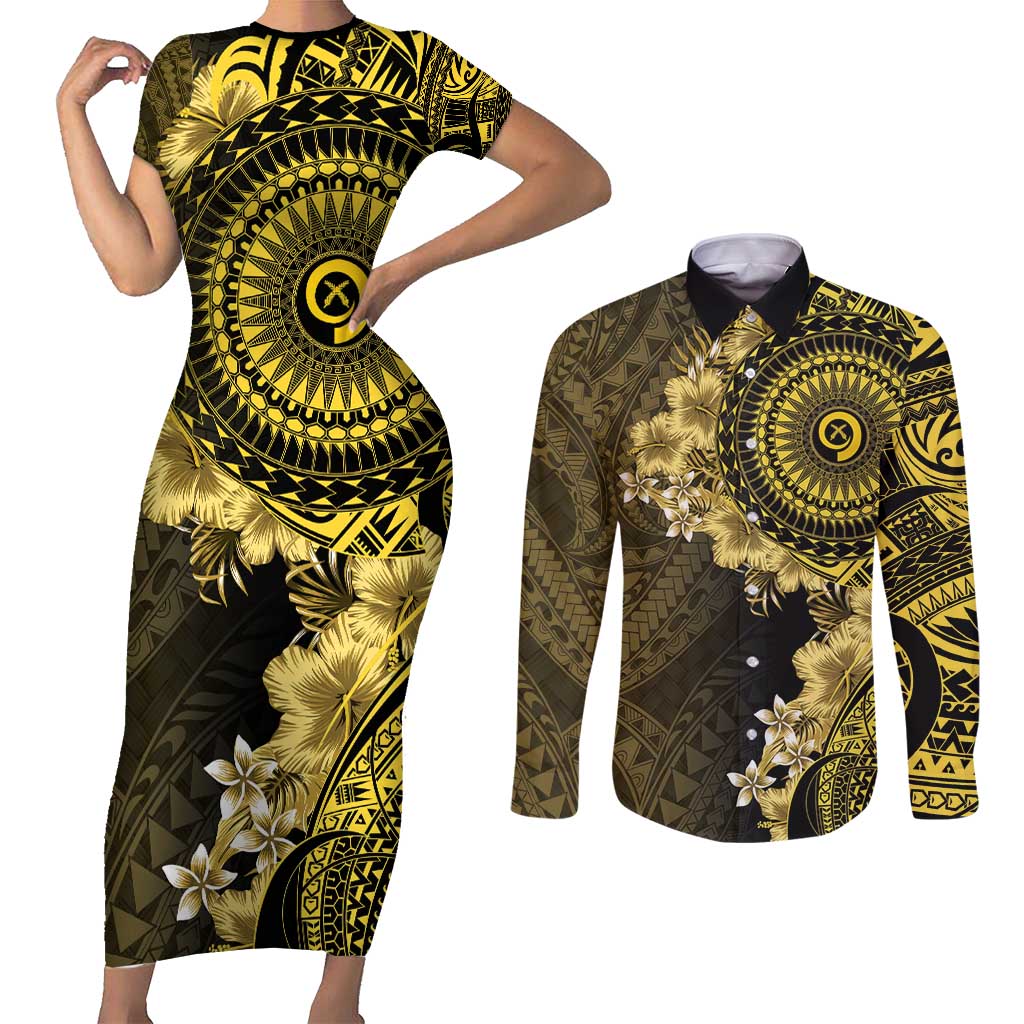 Vanuatu Couples Matching Short Sleeve Bodycon Dress and Long Sleeve Button Shirt Hibisus Polynesian Pattern Gold - Polynesian Pride