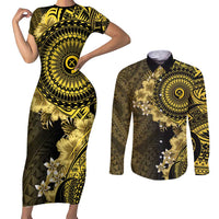Vanuatu Couples Matching Short Sleeve Bodycon Dress and Long Sleeve Button Shirt Hibisus Polynesian Pattern Gold - Polynesian Pride