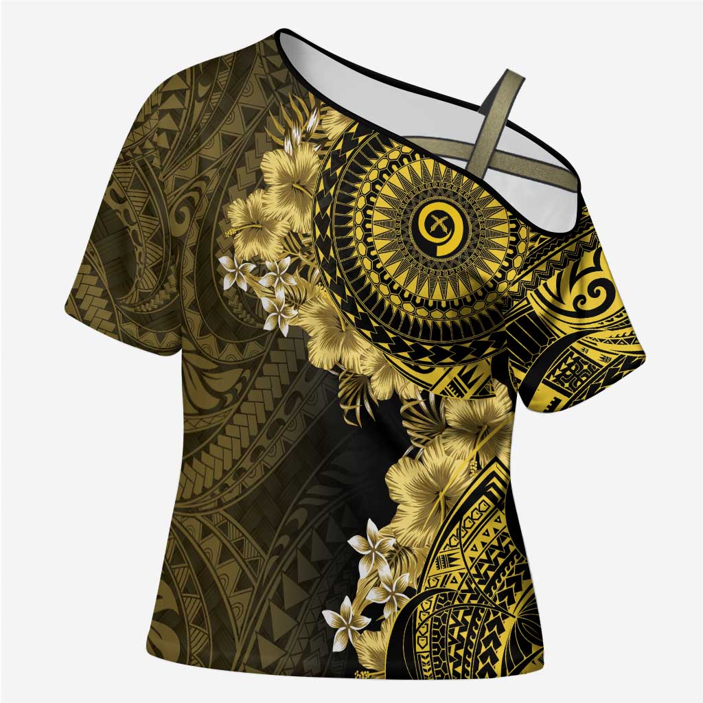 Vanuatu Cross Shoulder Shirt Hibisus Polynesian Pattern Gold - Polynesian Pride